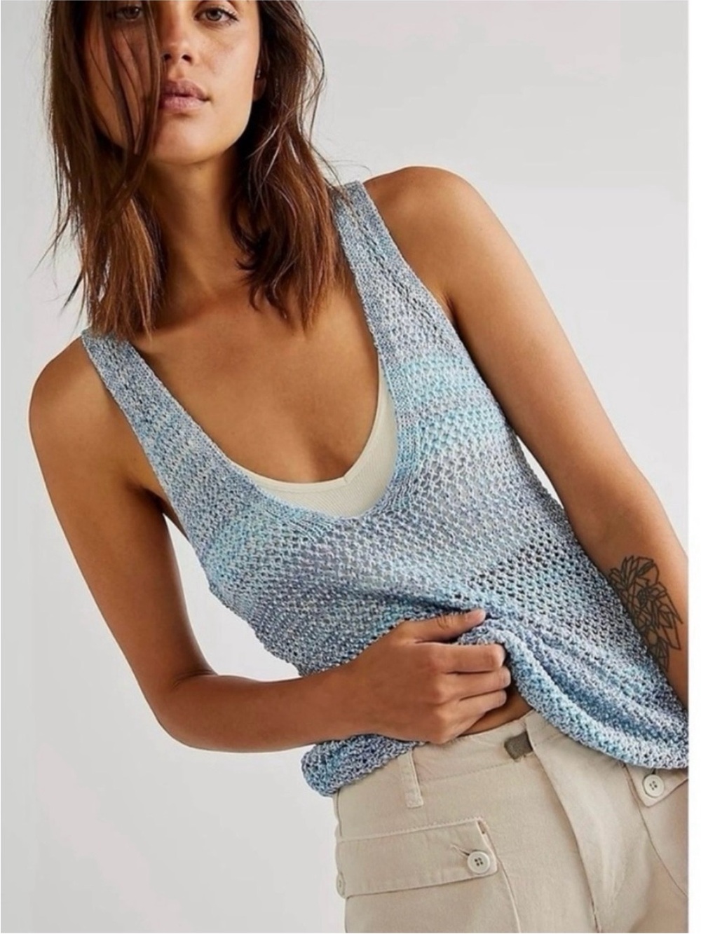 We The Free Light Blue Crotchet Open Knit Tank V Neck Open Back Size XS